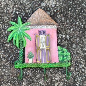 Beach House Hammered Metal Hand Painted Wall Hanging Art and Hook